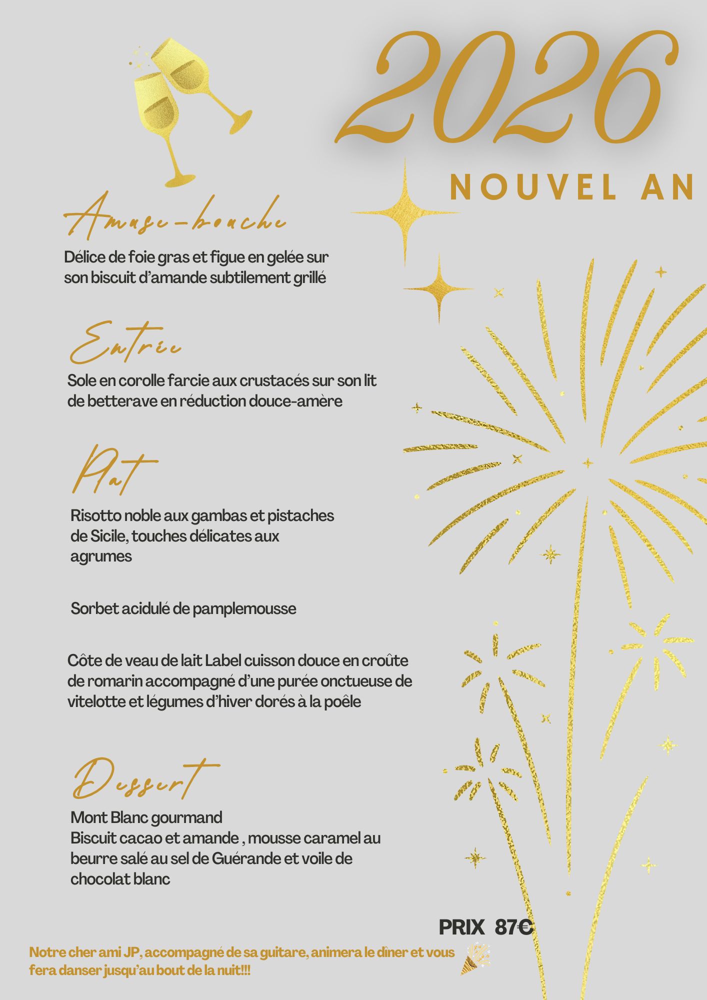 Noir et or moderne élégant menu nouvel an restaurant